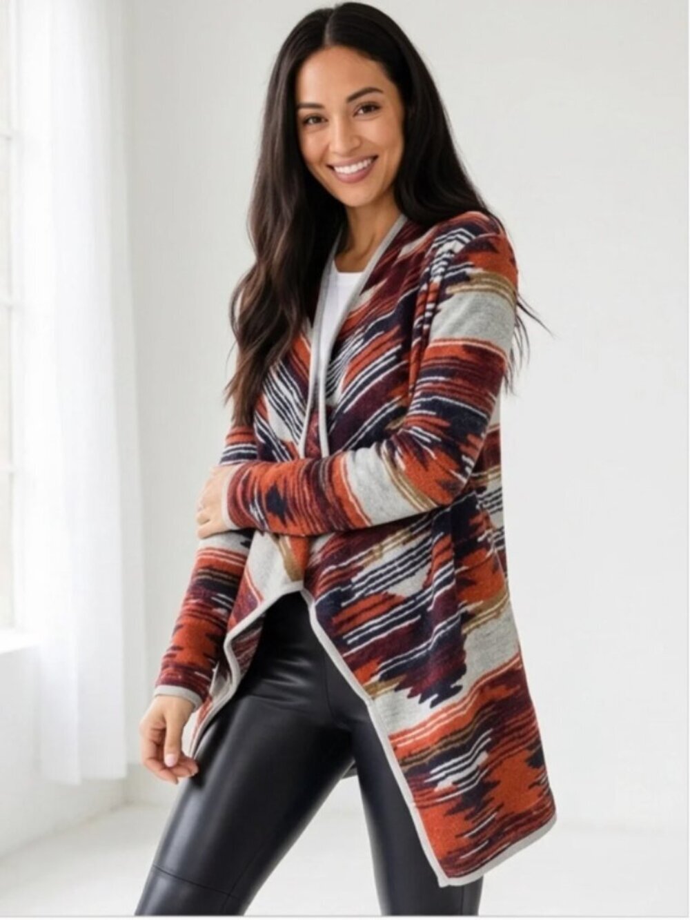 Lucky Brand Southwestern Print Open Front Cardigan Size XL Boho Waterfall Drape